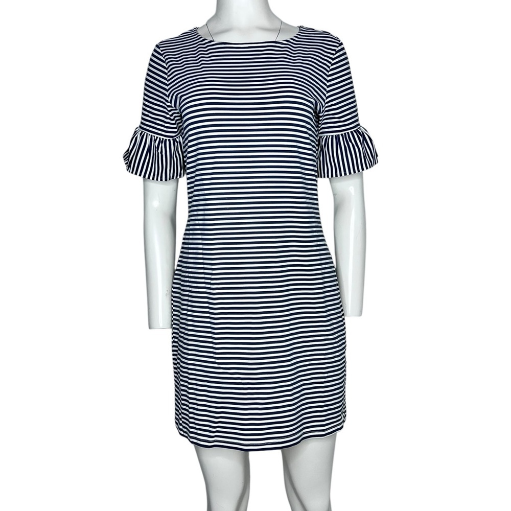 Sailor-Sailor Boat Dress Small Elegant Stripped Navy & White Ruffle 3/4 Sleeve
